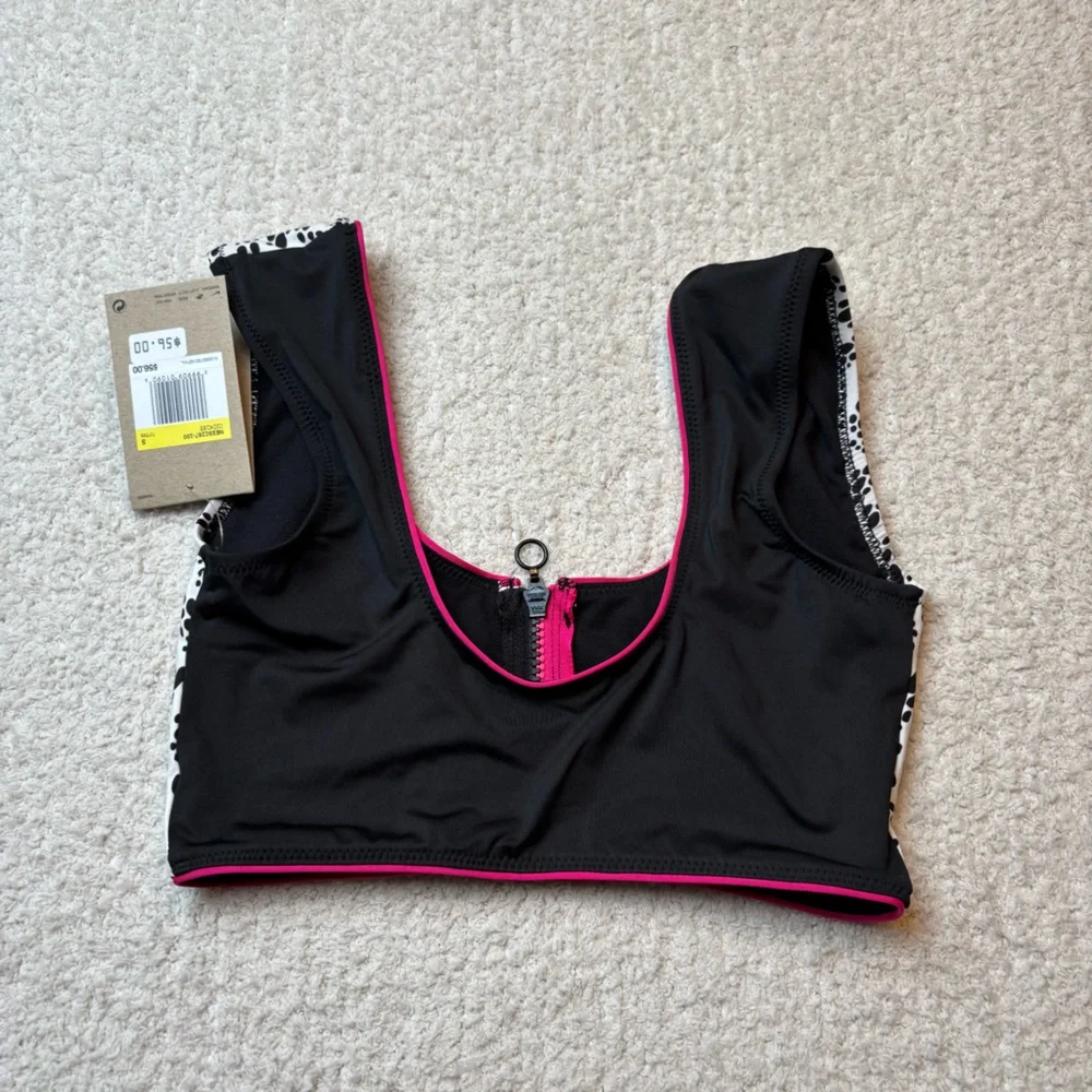 Nike Swim Top Womens S Black White Party Dots Crop Bikini Top Partial Zip‎ Front